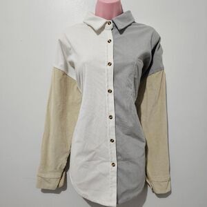 Magritta - Shirt Button-Up Colorblock Flannel Corduroy - Size L - Gray Tan